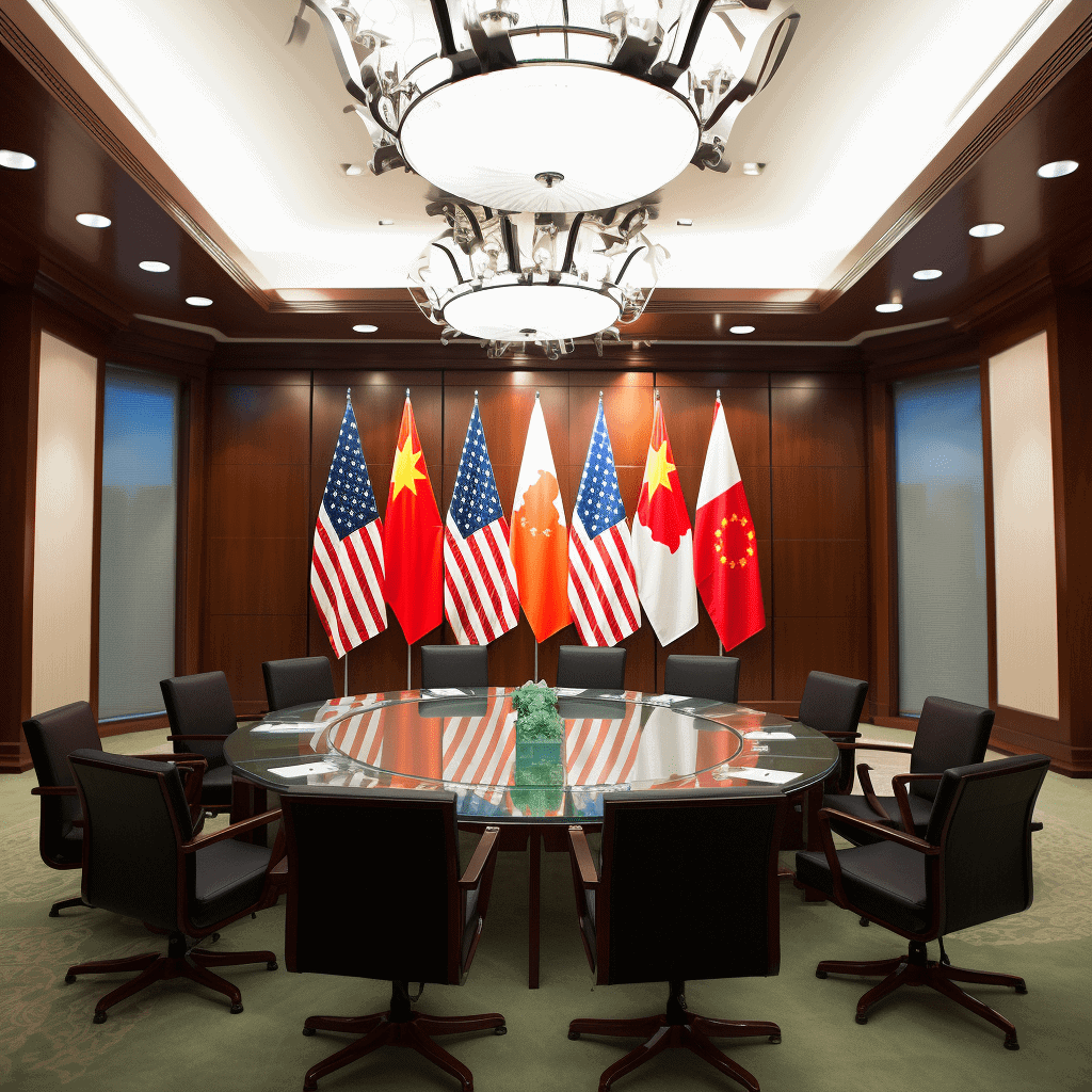 Conference room with international flags around a circular table.