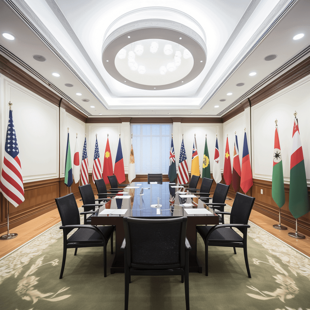 Conference room with international flags and a large meeting table.