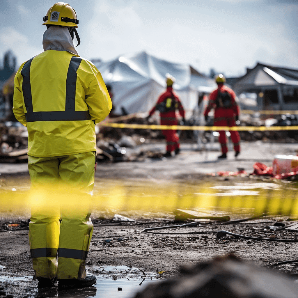 Emergency responders in yellow suits at a disaster recovery site.