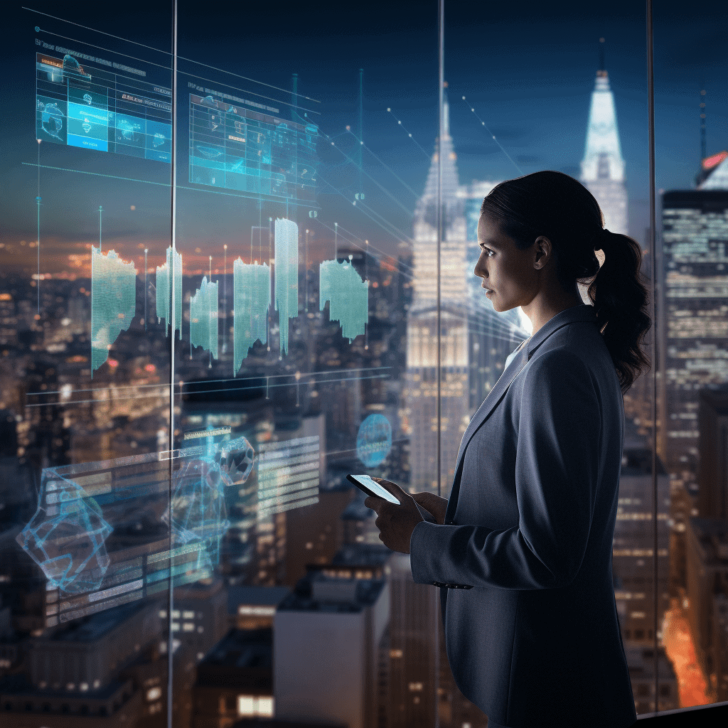 Woman analyzing data on futuristic transparent screen in city at night.