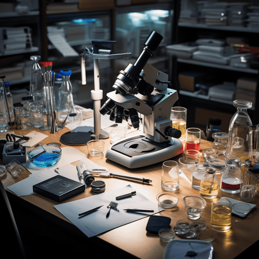 Laboratory microscope with various scientific equipment on a cluttered desk.