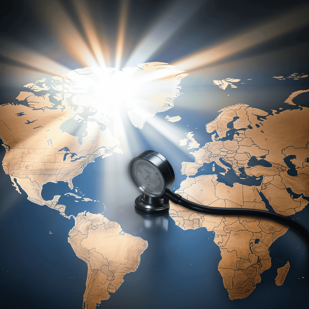 Stethoscope on world map with sunbeams shining over North America.