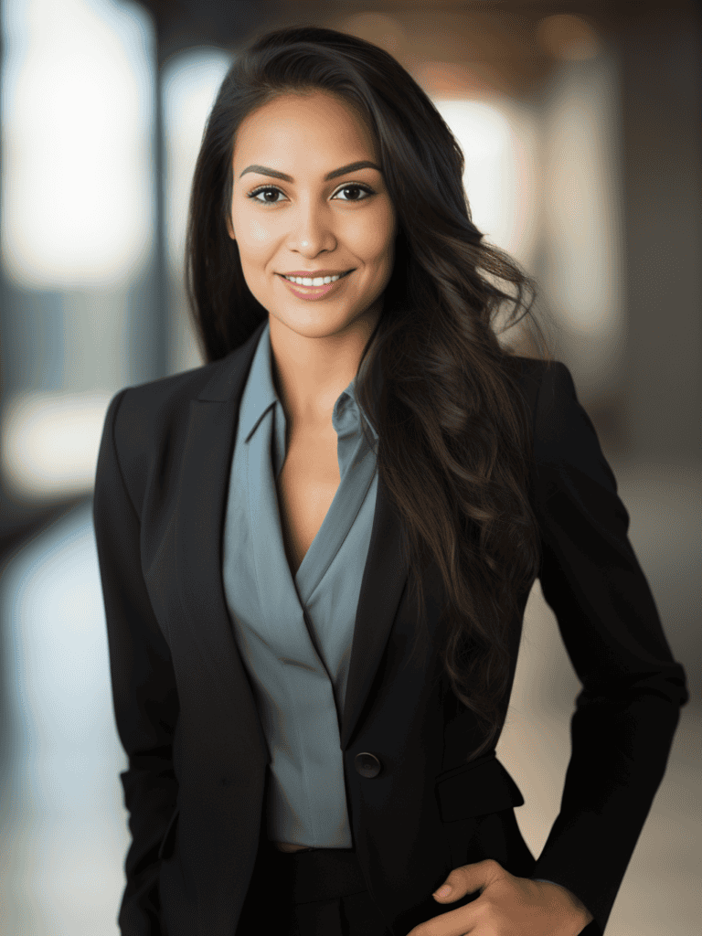 Professional woman in business attire smiling confidently.