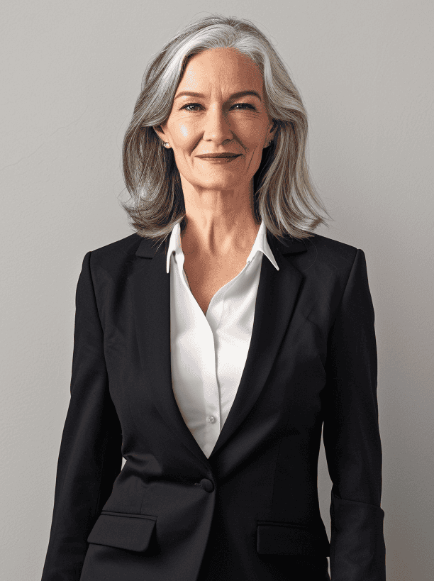 Professional woman in a black blazer and white shirt smiling confidently.