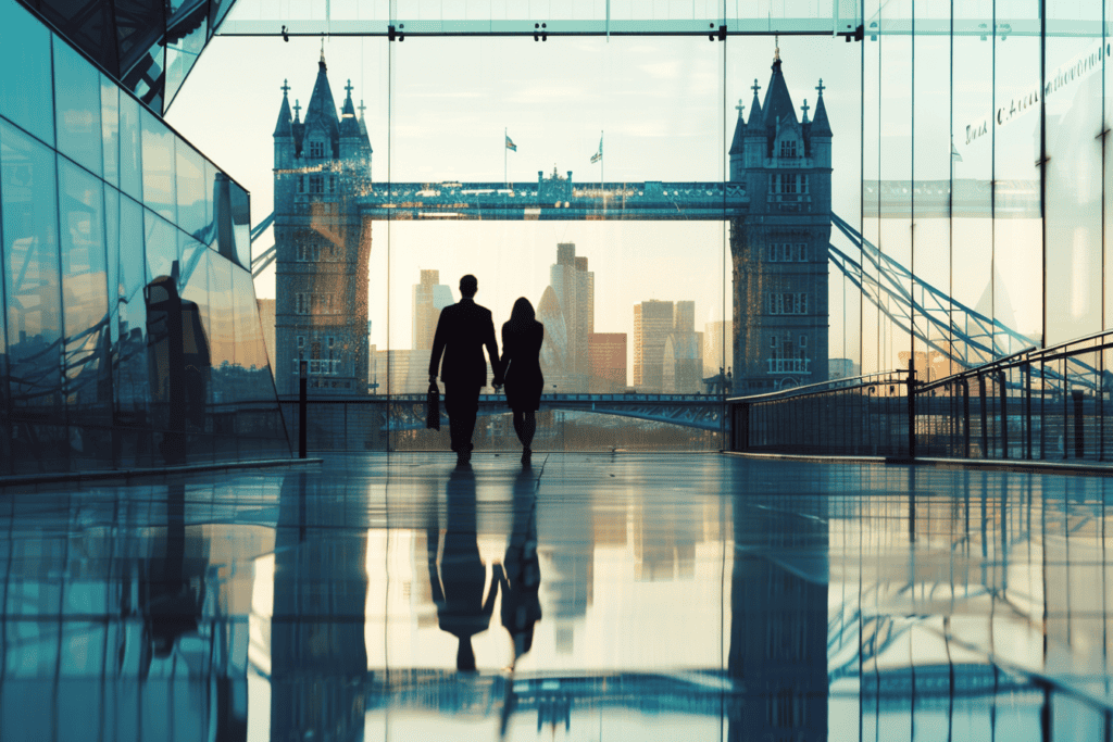 Silhouetted couple walking towards Tower Bridge in London at sunset.