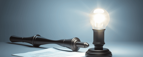 Lightbulb illuminating legal documents with a judge's gavel.