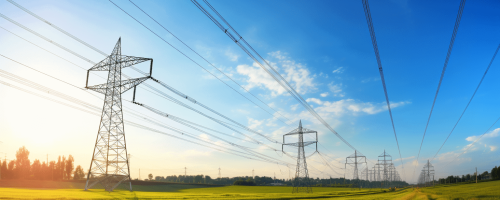 High-voltage power lines stretching across a green field under a blue sky.