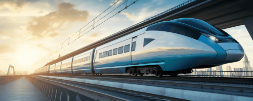 High-speed train traveling on elevated tracks at sunset.